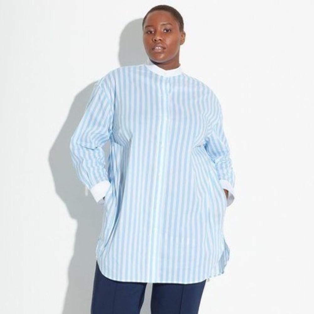 See Rose‎ Go Signature Tunic Shirt Blue White Striped Plus Size Band Collar 3X